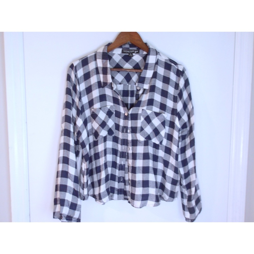 Living Doll Navy Plaid Shirt Button Down Long‎ Sleeve Casual Top Sz XL /#5194